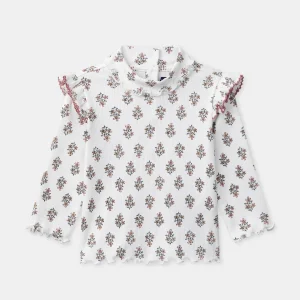 Camiseta de Manga Larga con Estampado Floral y Cuello para Niña Bebé